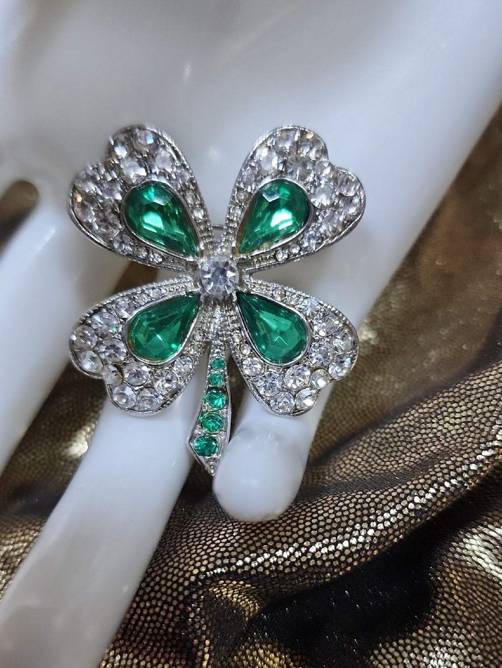 Faux Emerald Clover Crystal Statement Brooch - Green & Silver